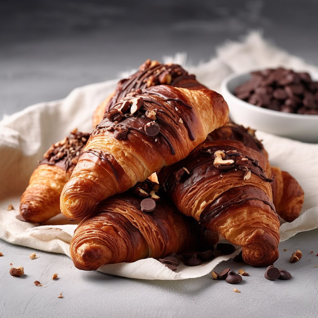 Chocolate croissants on a kitchen towl, with chocolate in background.