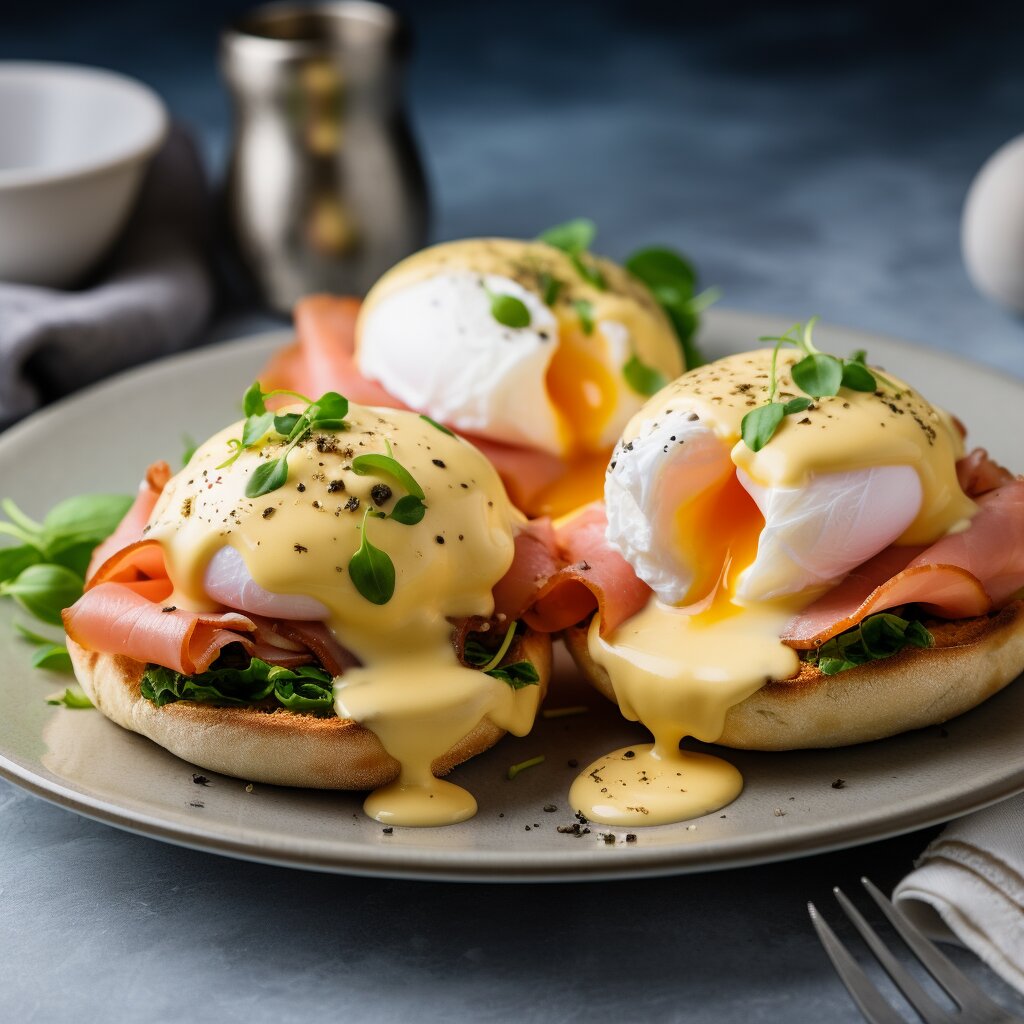 Eggs benedicts on a plate with salad and ham.