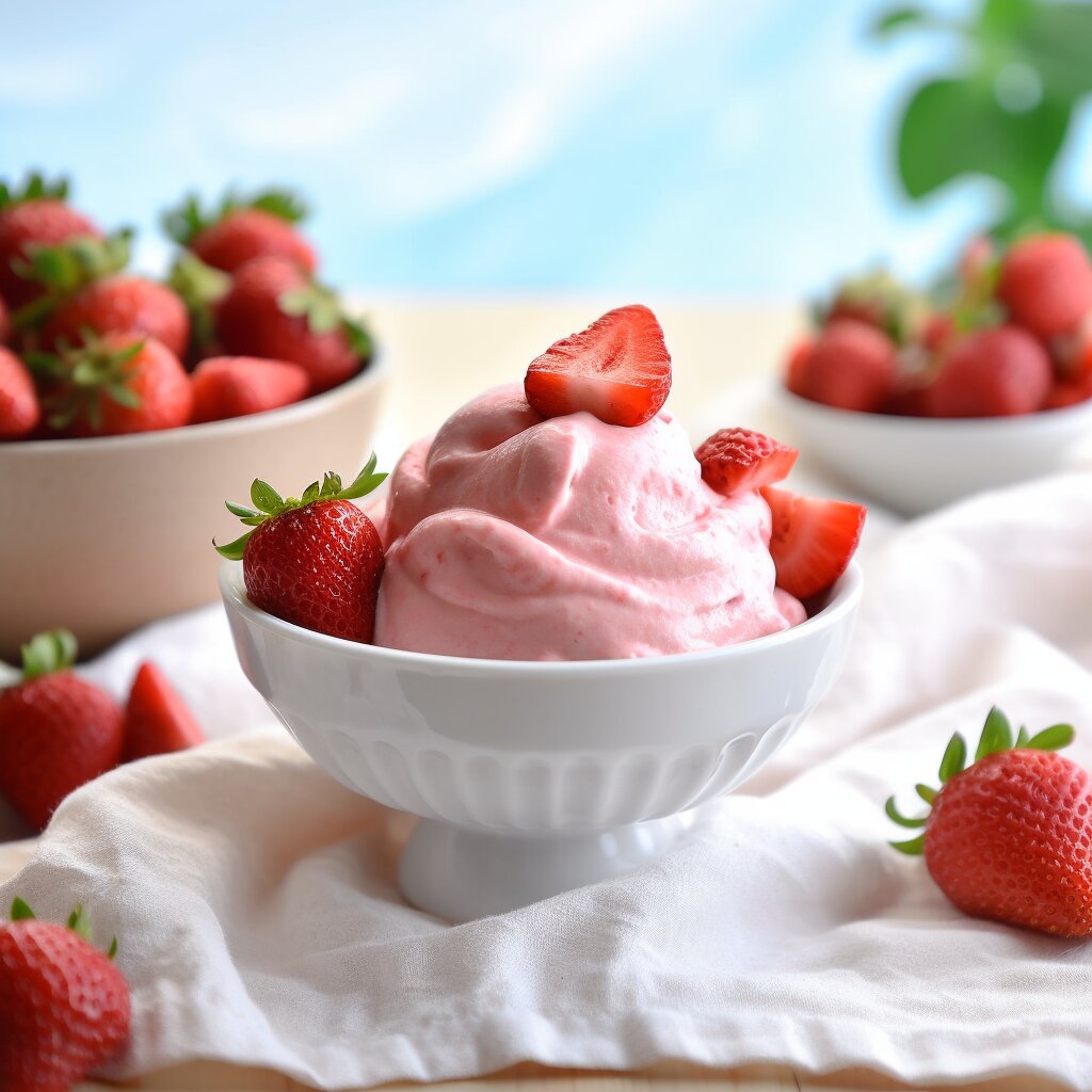 Frozen yogurt in a white bowl. strawberries on top and around. and a white kitchen towl