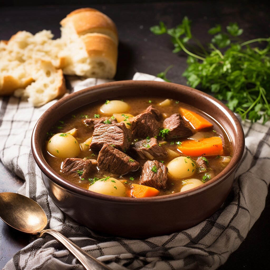 Irish stew in a brown bowl. with a spoon and a kitchen towel.