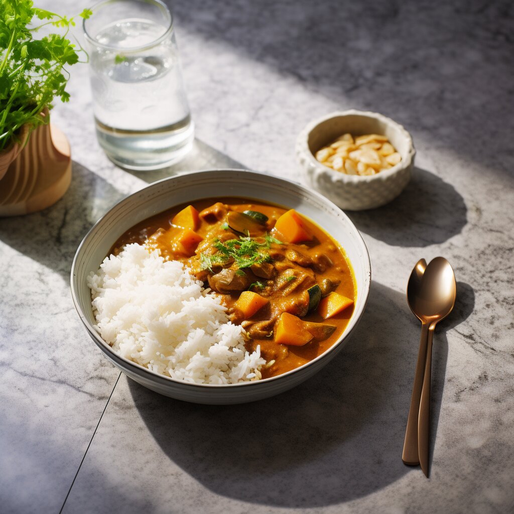 Japanese stew in a bowl, on a tabel with a spoon and a glass of water.