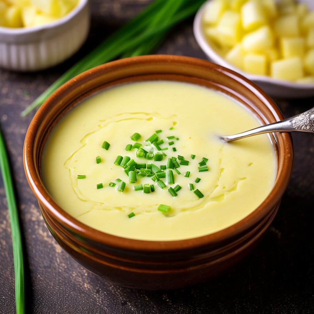 Potato leek soupe in a brown bowl. potatos in the background