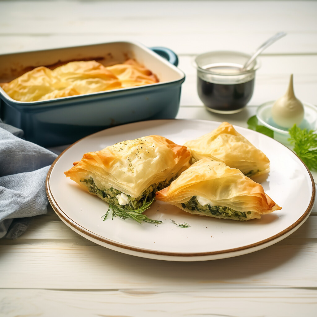 Spanakopita on a plage. sause in the background