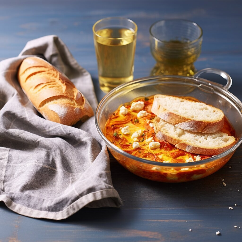 A plate of strapatsada with slices of bread on a kitchen towel, accompanied by two glasses of apple juice.