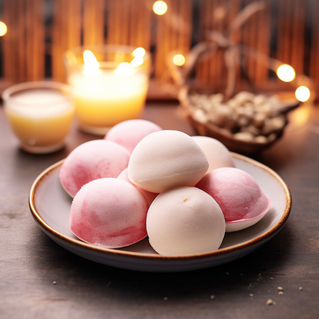 Mochi on a plate with lit candles in the background.