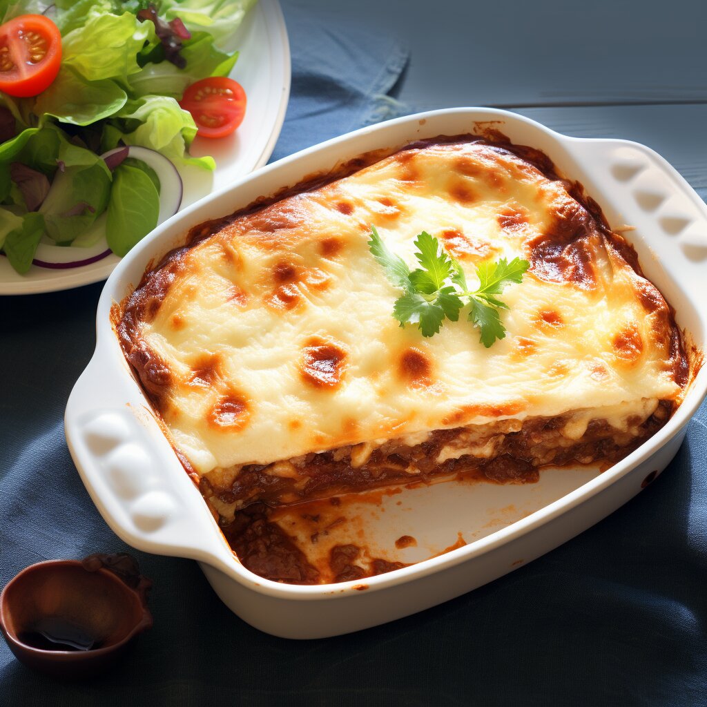 Moussaka with golden brown top next to Greek salad with tomatoes, cucumbers, and olives.